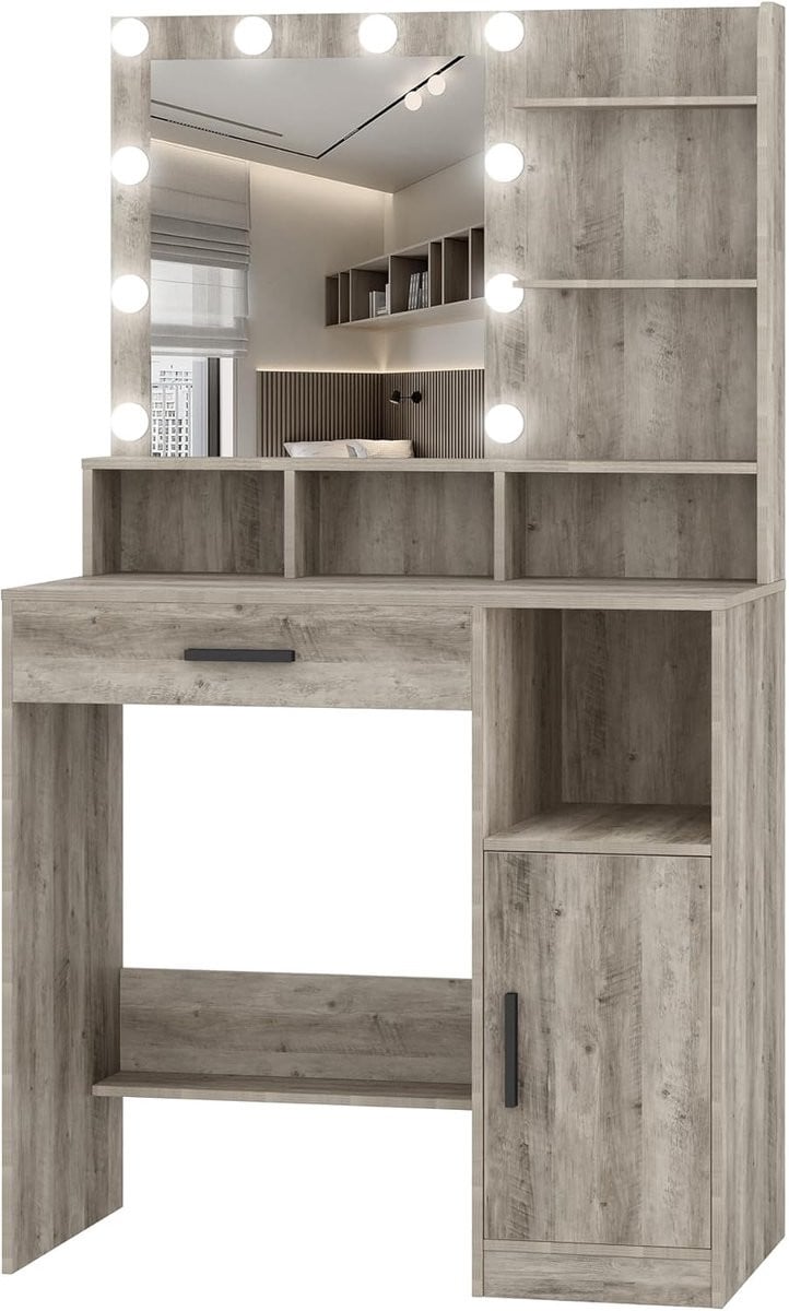 HILINSIE Kaptafel met Spiegel en 10 Led Verlichting, Greige
