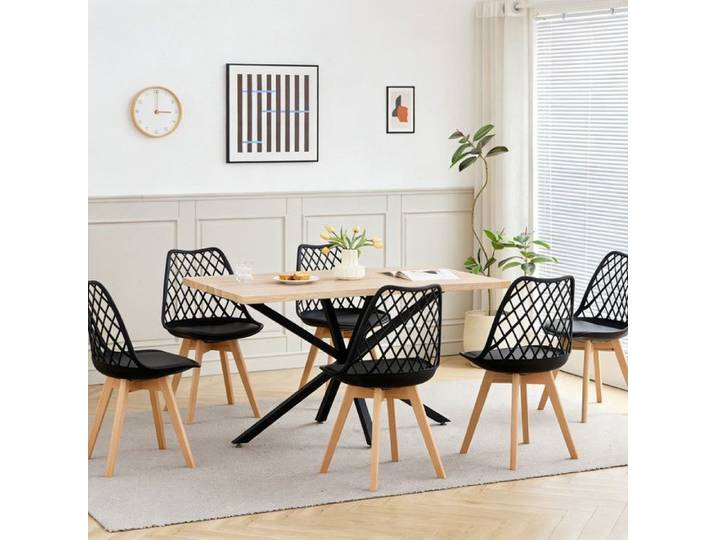 Ensemble Table et Chaises à Manger -HJhomeheart - Table MDF Couleur chêne 140cm - avec 6 Chaises Scandinaves Noir