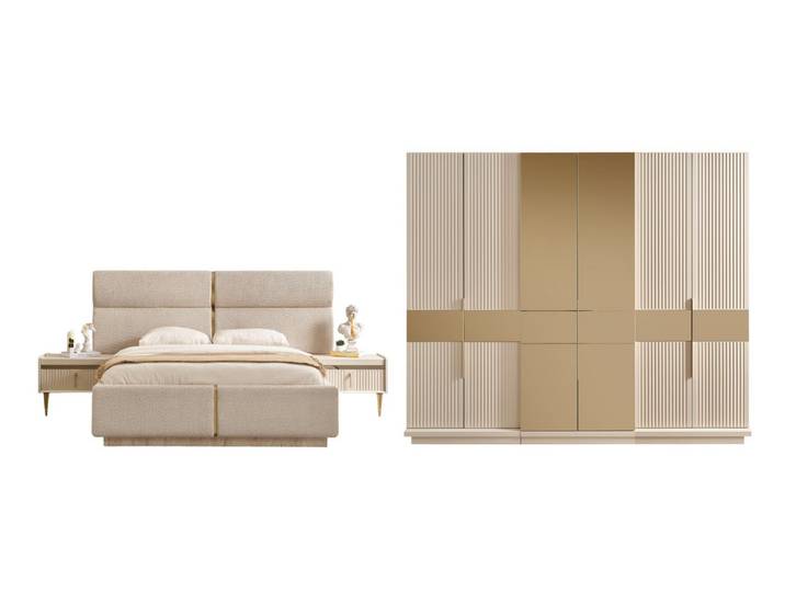 Villa Möbel Schlafzimmer-Set Tesla, (Schlafzimmer-Set, 4-tlg., Bett mit Kopfteil, 2 Nachttische und Kleiderschrank), Polsterbett mit LED Licht sorgt für ruhige Abendstimmung