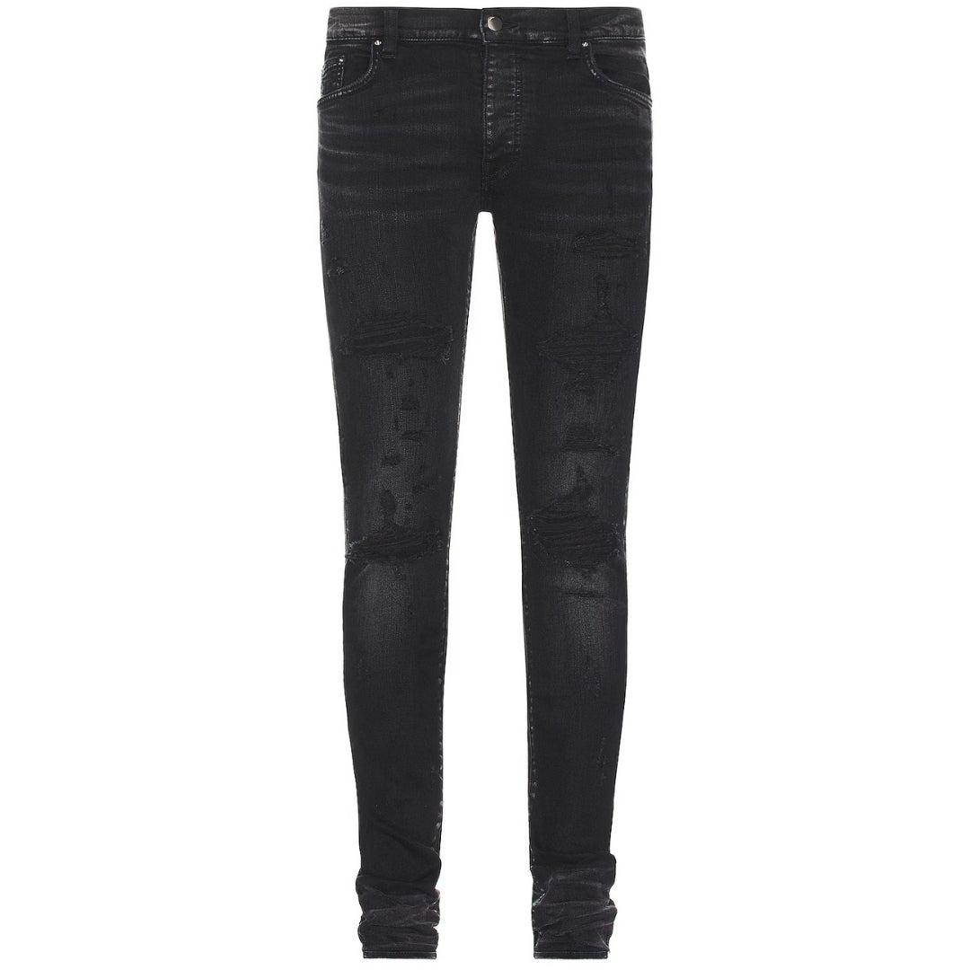 Amiri slim fit thrasher plus verouderde zwarte denimjeans