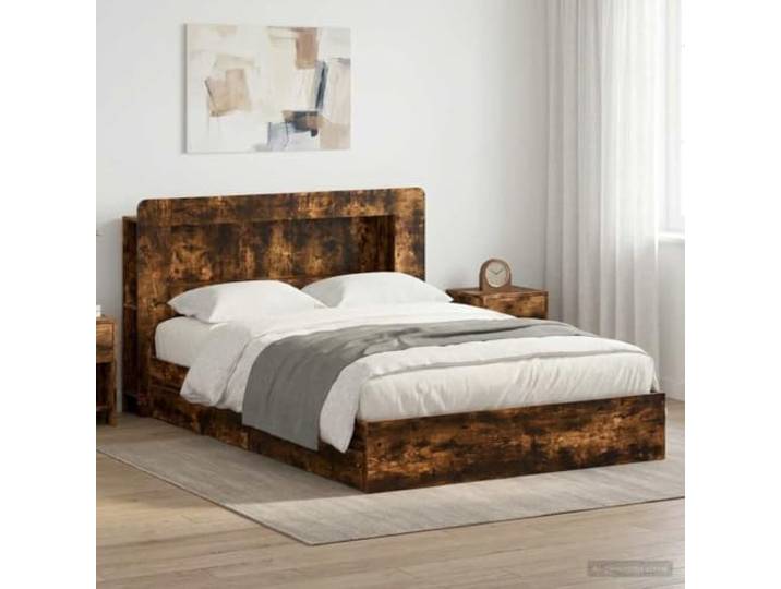 RJPLMFV Bettgestell mit Schublade, 135 x 190 cm, raucheiche Robustes Holzwerkstoff, feste Lamellen, integrierte Aufbewahrung, moderner Stil, einfache Montage