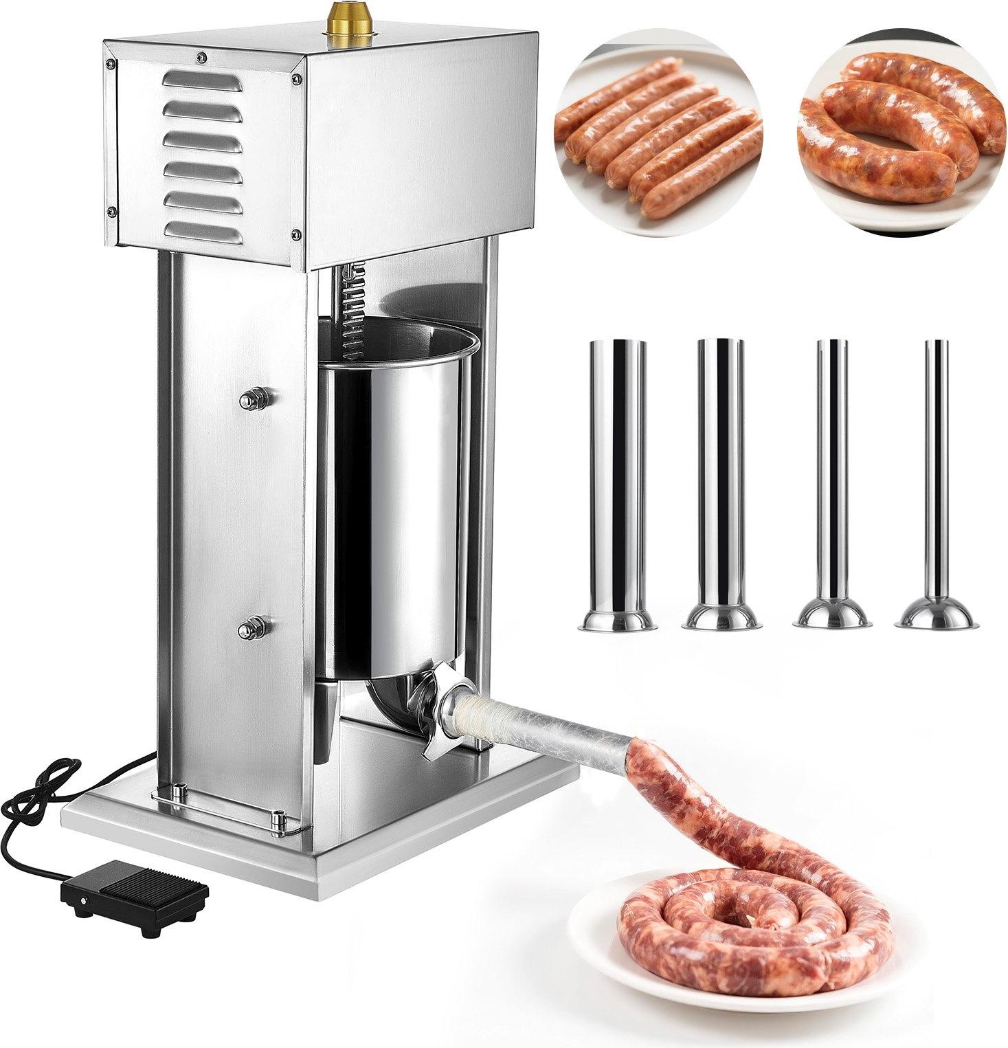 Elektrischer Wurstfüller/Fleischfüller - Wurstfüllmaschine 10 L - Stufenlos regelbar - Pedalbedienung - Edelstahlgehäuse - 4 Wurstfüllrohre - Leicht zu reinigen