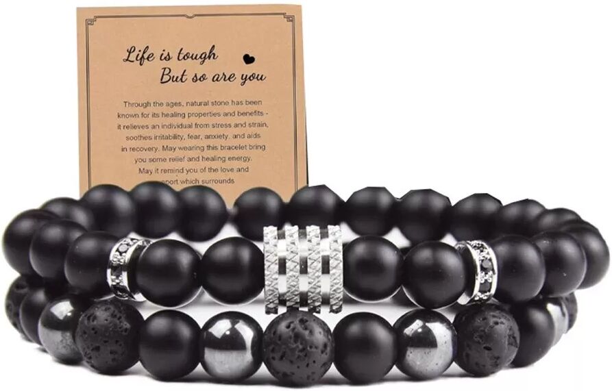 INF Vulkanstein Schwarz Matt Hämatit Armband Set - Elastischer Schmuck