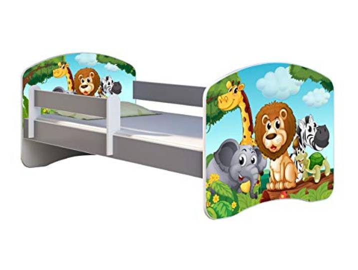 ACMA Kinderbett Jugendbett mit Matratze Grau mit Rausfallschutz Lattenrost II Spielbett Kinderzimmer Möbel (02 Animals, 160x80)
