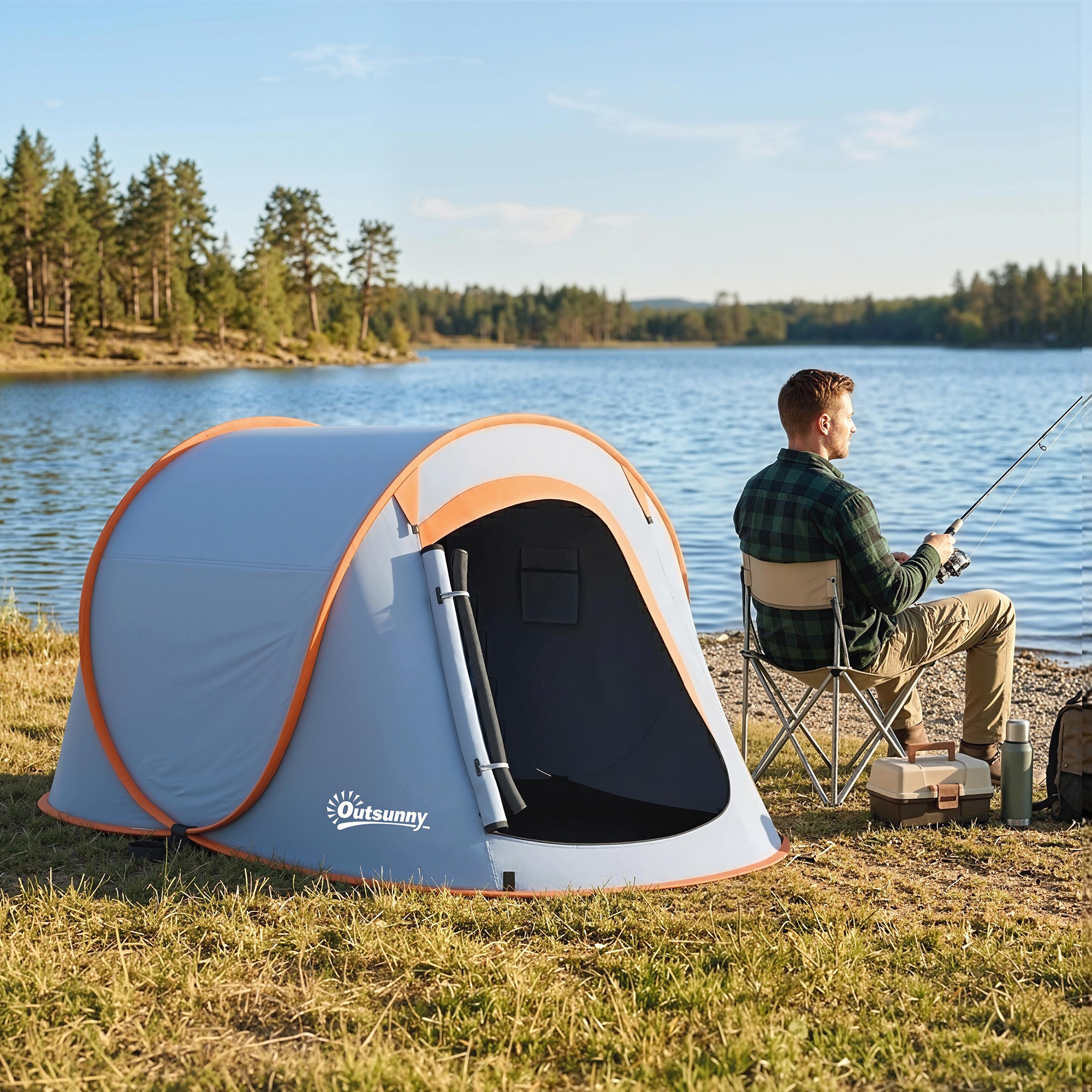 Outsunny Tenda da Campeggio Pop Up Impermeabile con Accessori e Borsa di Trasporto, 245x148x105 cm, Grigio