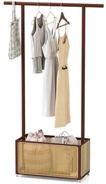 2-In-1 Clothing Hanging Rail with Rattan Storage Basket and Wheels