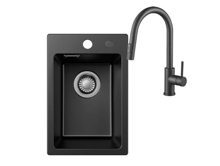 Spülbecken Granit Schwarz 30x45 cm mit Armatur Set, Platzsparende Küchenspüle für kleine Küche, Wasserhahn ausziehbar 2 Funktionen, 360° schwenkbar