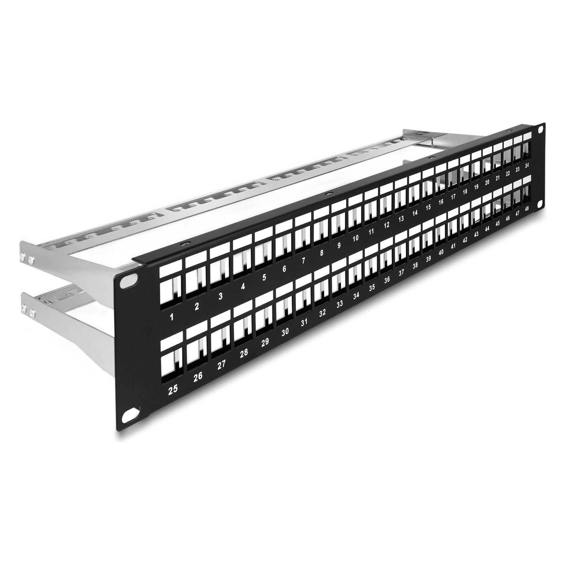 Delock 48,30cm (19") Keystone Patchpanel 48 Port mit Entlastungsschienen 2 HE schwarz (66878)