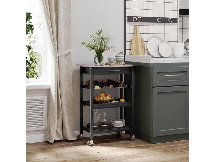 Desserte Cuisine Noir Acier Inox Multi-Rangements