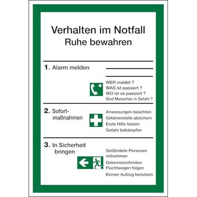 Aushang, Verhalten im Notfall - ISO 7010 - 210x297x1.5 mm Kunststoff nachleuchtend