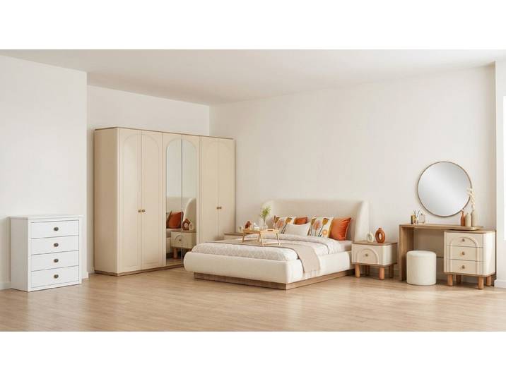 Xlmoebel Schlafzimmer-Set Schlafzimmer Set Beige Modern Luxus Bett Nachttisch Schminktisch, (7-tlg., inkl. 2 Nachttische, Schminktisch, Spiegel, Hocker, Schubladenkommode)