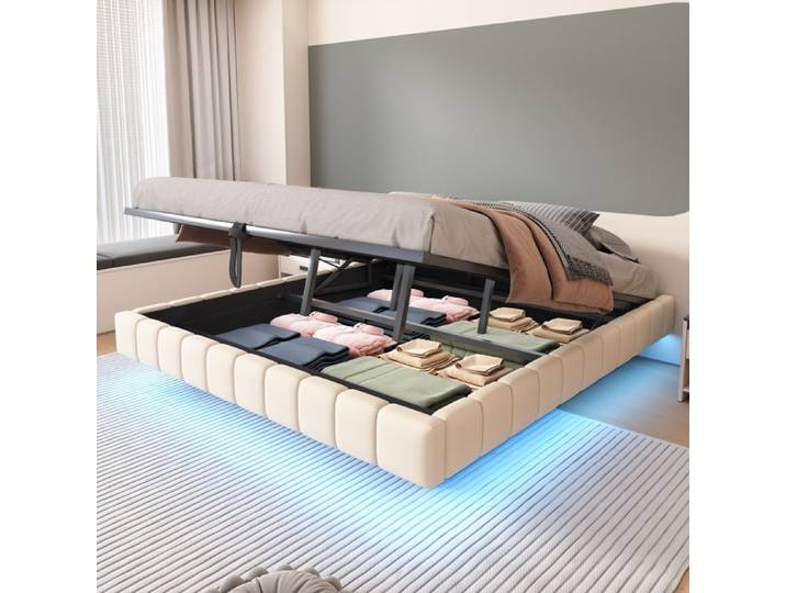 Lit rembourré 180x200 CM cadre flottant hydraulique avec rangement sans tête de lit lit lit rembourré multifonctionnel avec lampe LE