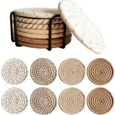 Inspired Finds Woven Drink Coaster Set With Holder 8 Piece Absorbent Cup Mats brown