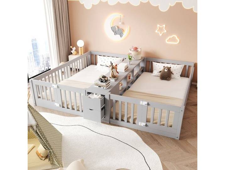 Lit superposé - PAGE LIVING - 90x200 - Bois - Tiroirs intégrés - Étagères double niveau