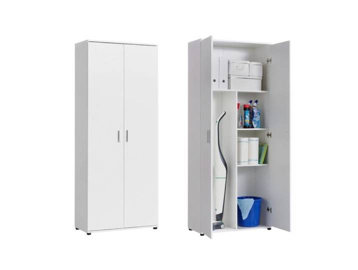 Armoire de rangement 2 portes - Armoire de bureau 3 étagères - 75x35x184 cm - Meuble de rangement - Compartiment balais - Blanc
