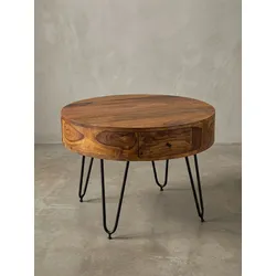 Couchtisch rund Braun, Massivholz mit Metallgestell, 60x44.5x60 cm, inklusive Schubladen
