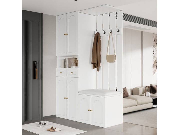 Ensemble rangement entrée 4 pièces blanc 110x37x180cm meuble chaussures banc porte-manteau mural et miroir pour vestibule