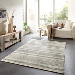 Wollteppich THEKO "TRONDHEIM 05", grau, B:110cm H:10mm L:170cm, Wolle, Teppiche, Flachgewebe, gestreift, reine Wolle, handgewebt, Wohnzimmer