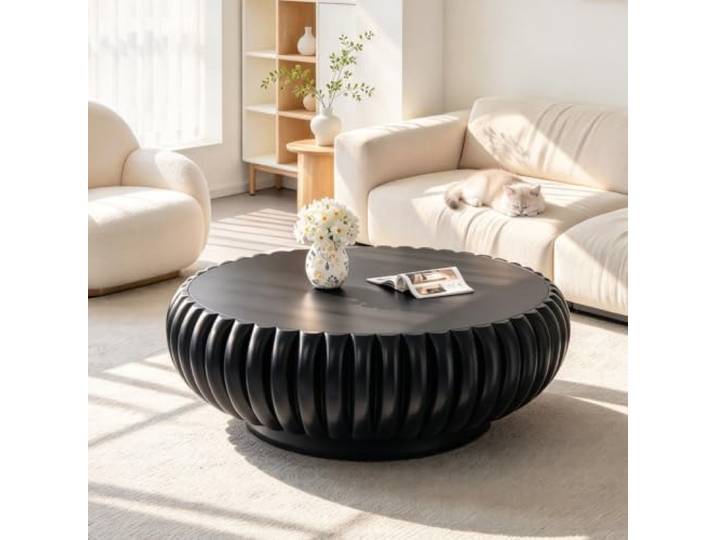 JHKZUDG Runder Couchtisch 90Cm Mit Geriffelter Optik, Moderner Trommeltisch Leicht Zu Montierender Couchtisch Im Mid-Century-Modern-Stil Mit Holzfurnier, Für Wohnung, Büro, Kürbis