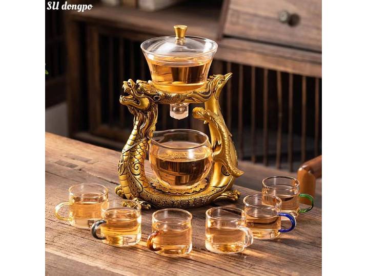 Service à thé automatique en verre Dragon Phoenix Lazy Man, théière à ventouse magnétique, ensemble de tasses à thé légères, service à thé chinois de luxe, ménage