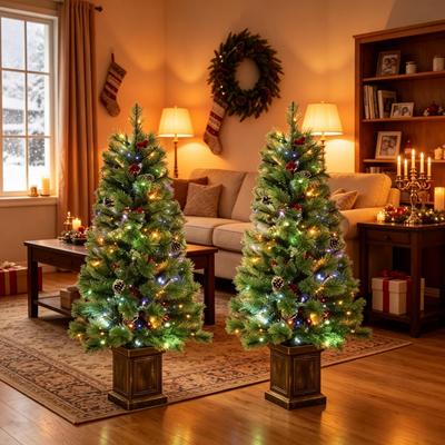 Set of 2, 4 FT Pre-Lit Artificial Christmas Trees, Battery-Operated Dual-Color LED Lights with Modes