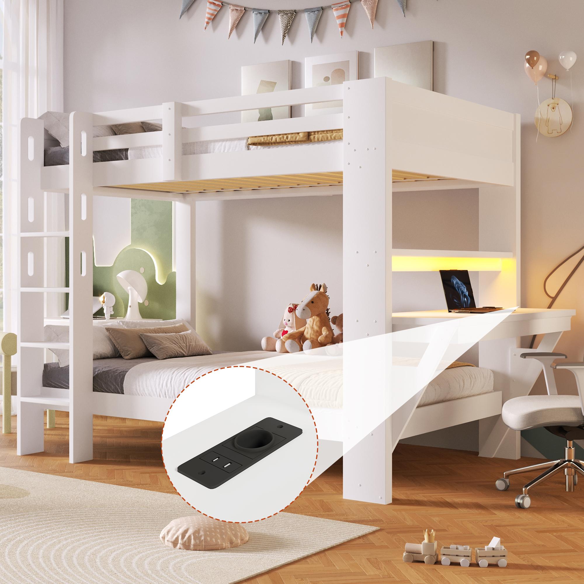 Etagenbett, 90 x 200 cm, Kiefernholz, Tisch, Steckdose, LED - Lichtleiste, Ohne Matratze, Weiß