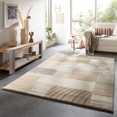 Wollteppich THEKO "Nakarta 2, handgeknüpft" Gr. 40, beige, B:90cm H:12mm L:160cm, Schurwolle, Teppiche, reine Wolle, Naturtöne, Patchworkdesign, meliert, Wohnzimmer