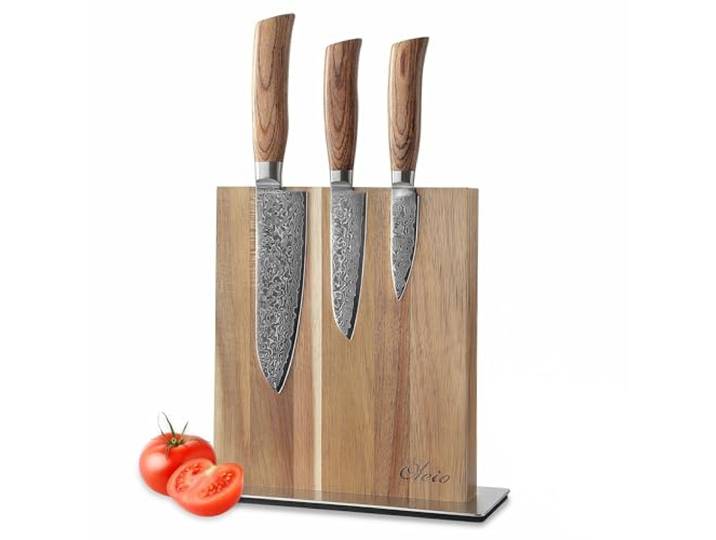 Wakoli EDIB Pro 3-teiliges Küchenmesser-Set aus Damaststahl mit Magnetblock Enthält Santokumesser 16 cm, kleines Santoku 11 cm und Officemesser 8 cm für Fleisch, Fisch, Gemüse, Obst und feine Arbeiten.