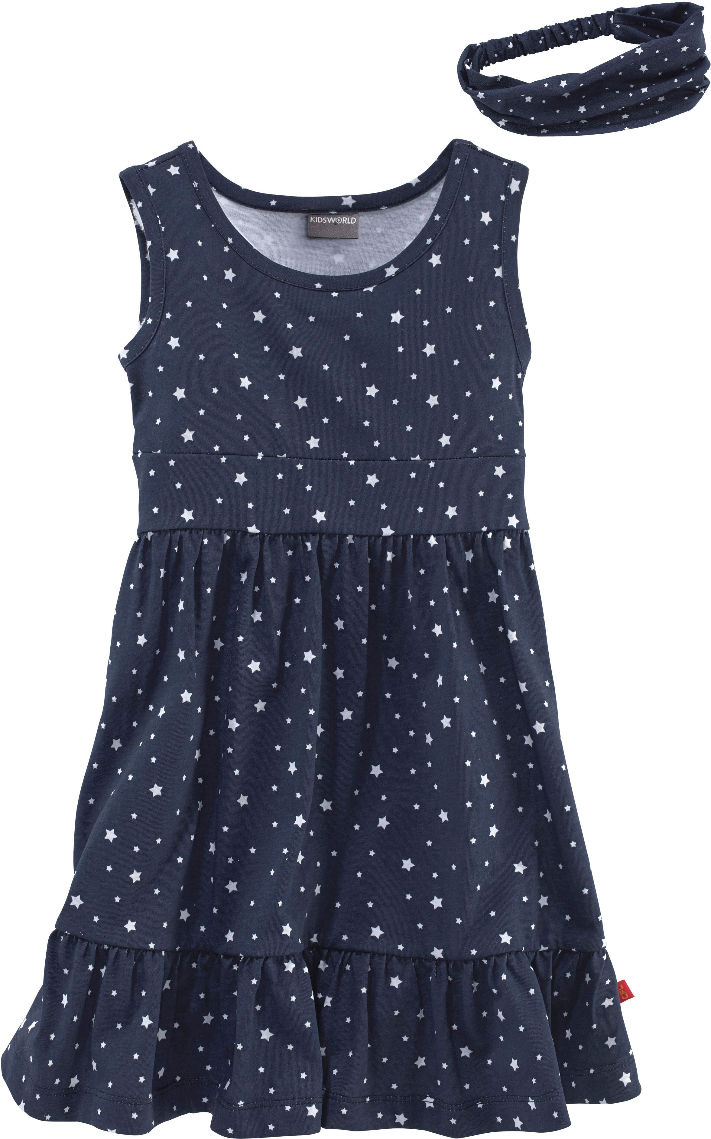 Jerseykleid KIDSWORLD "2tlg. Shirtkleid + Haarband im niedlichen Sternen-Allover", Mädchen, Gr. 104/110, N-Gr, blau (marine sterne), Jersey, Obermaterial: 100% Baumwolle, bedruckt, knieumspielend, Rundhals, Kleider Jerseykleid, festliche Anlässe, knielang