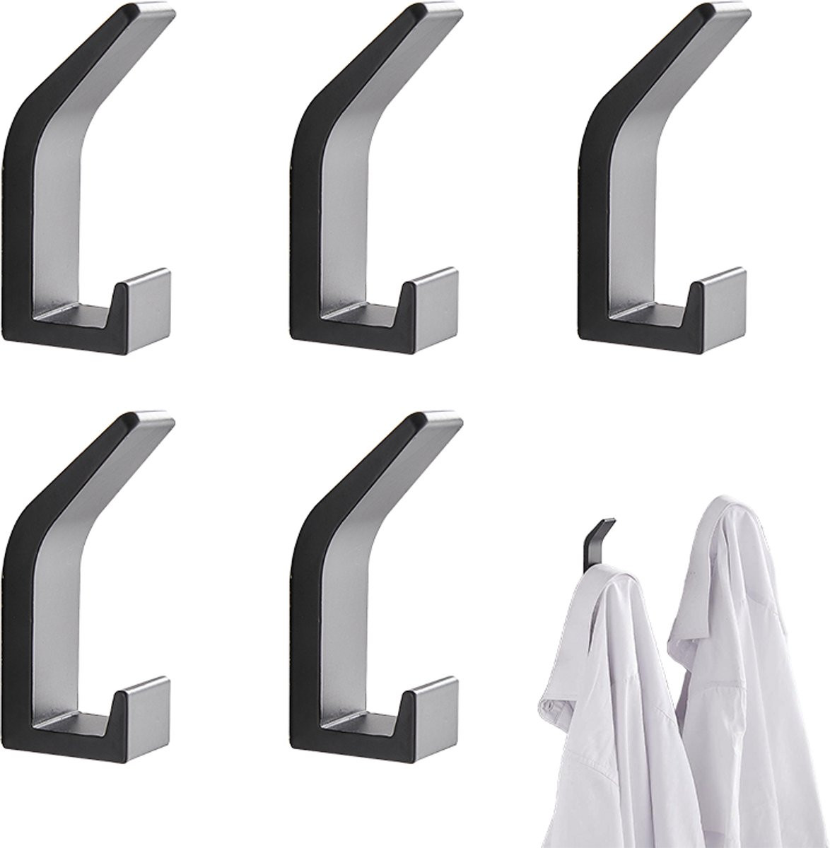 Set van 5 waterbestendige aluminium wandhaken zonder boren voor badkamer, keuken of hal