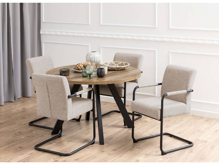 Esstisch ACTONA GROUP Zalida Esszimmertisch, rund , beige (natur, schwarz), B:120cm H:75cm T:120cm, Tische, Esstisch, Eichenoptik, schwarze Stahlbeine, Verlängerungsplatten T: 120/210 cm