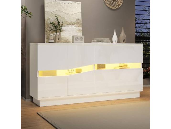 Merax Sideboard Hochglanz mit LED-Licht, Moderner Buffetschrank mit 4 Schranktüren, Verstellbare Regal, Acryltüren, Multifunktionales Buffetschrank Beistellschrank für Wohnzimmer Schlafzimmer, Weiß