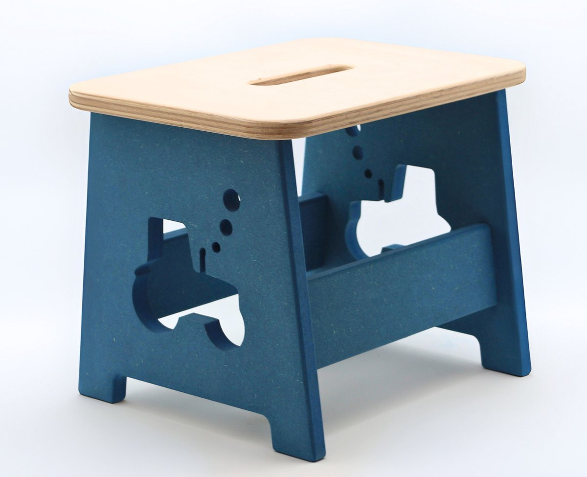 TieWood Houten kinderkruk en opstapje met tractorprint - Blauw