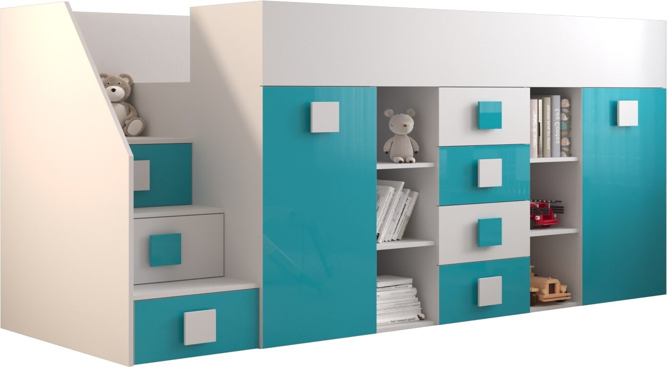 Etagenbett für Kinder Toledo 3 Stockbett mit Treppe, Schreibtisch, Bettkasten (Weiß/Weiß Glanz + Türkis Glanz, Seite: Links)