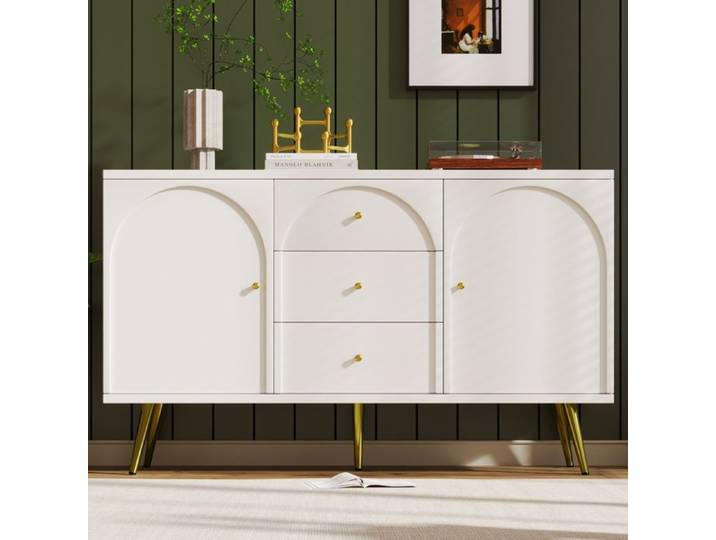 Buffet Commode avec 2 portes et 3 tiroirs avec façade incurvée multifonctionnelle pour salle à manger blanc crème 140x40x84 cm