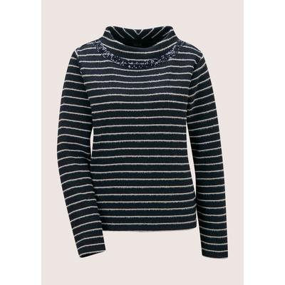 Langarmshirt MADELEINE "Shirt Ringelshirt mit Paillettenband", Damen, Gr. 36, schwarz-weiß (marine, wollweiß), Modern, gerade, hoch geschlossener Ausschnitt, Shirts Langarmshirt