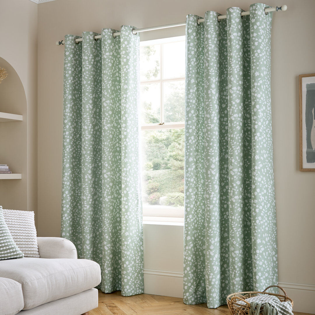 Catherine Lansfield Arla Floral Lined Eyelet Curtains Green 66 x 90 Inch
