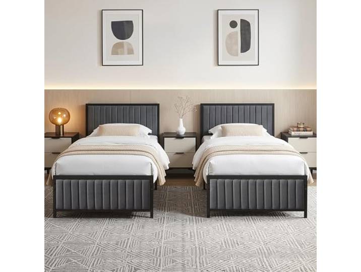 VECELO 2er-Set Polsterbett 90x200 cm, Bettgestell mit gepolstertem Kopfteil und Metall-Lattenrost, 32 cm Stauraum unter dem Bett, kein Boxspring nötig, stabil, für Erwachsene und Jugendliche, Grau