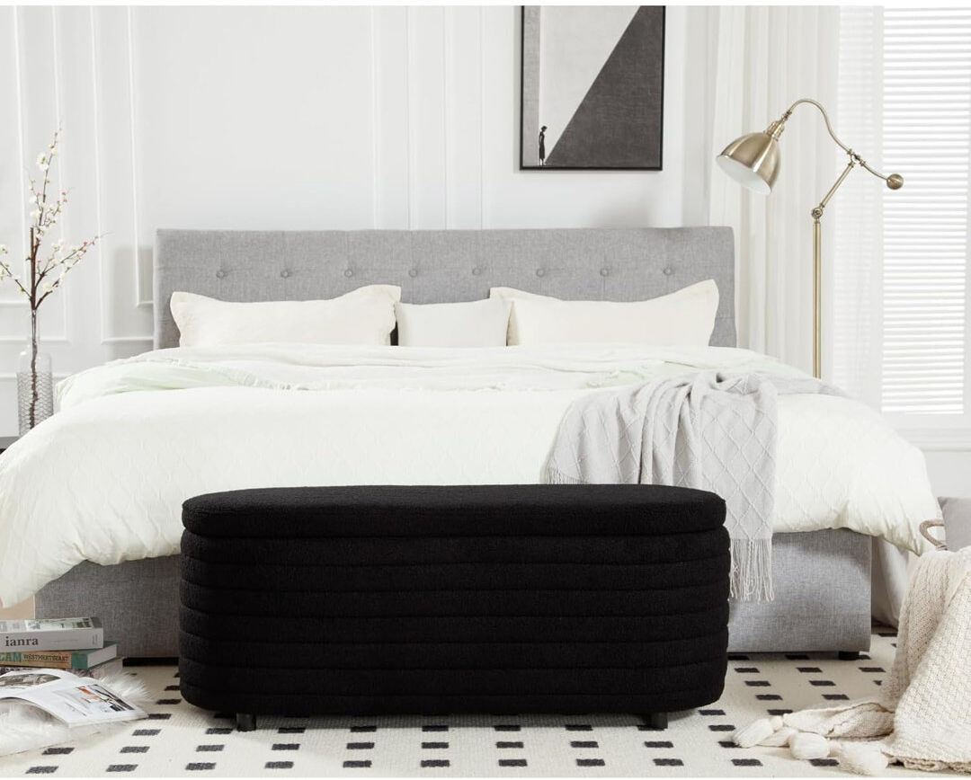 WAHSON OFFICE CHAIRS WAHSON Upholstery Storage Bench Made of Teddy Fabric Entryway Shoe Bench Black 45.75cm H X 115.5cm W X 33cm D