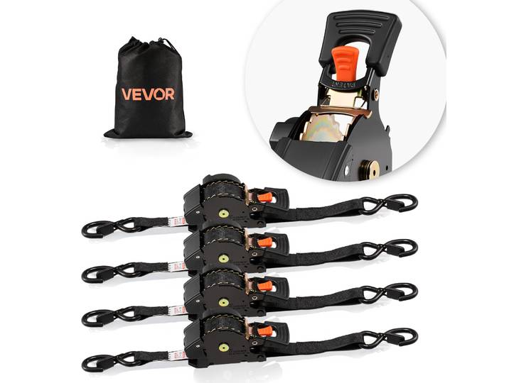 Vevor Sangle A Cliquet Retractable 2\,5 Cm X 4\,9 M Sangle Dearrimage Lot De 4 Sangles Chargement Pour Demenagement Remorque Moto Kayak Voiture\, Avec Crochet S Sac Rangement Resistance A Rupture 700 Kg