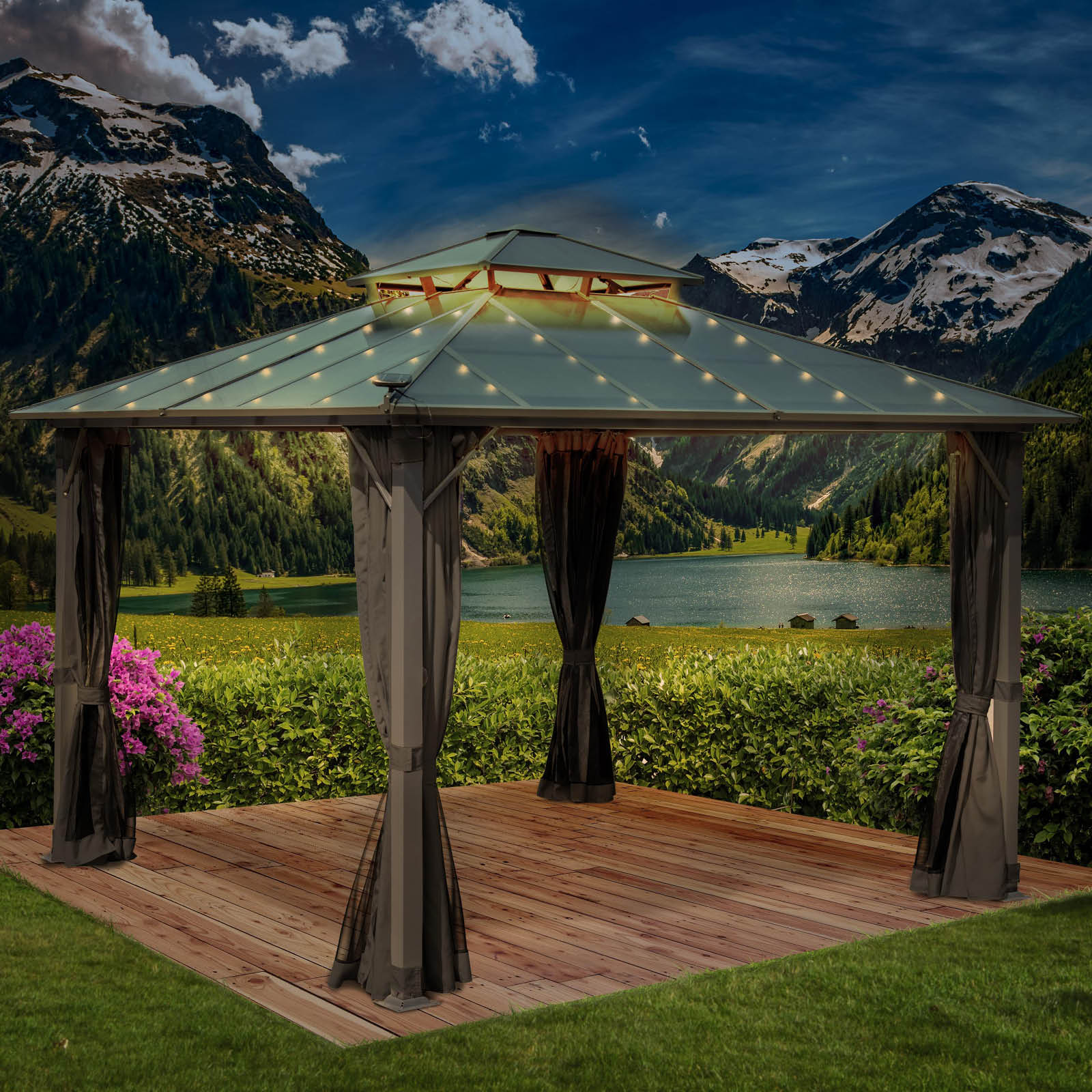 Brast Alu Pavillon PAGODE 3,5x3,5m dunkelgrau mit Moskitonetz und LED-Beleuchtung