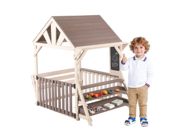 Fine Life Pro Kleinküche Outdoor-Küchenspielset 1er Set Holz Regendach, Grau Garten Kinderzimmer
