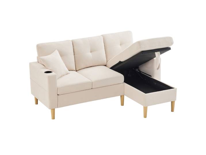 Canapé d'angle en tissu aspect lin beige avec rangement