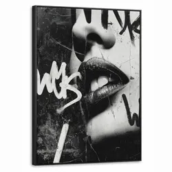 LEINWAND Bilder mit Rahmen - Gesicht - Mund - Graffiti - Schwarz - 60x80
