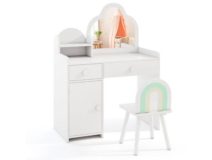 DREAMADE Coiffeuse Enfants 2 en 1 avec Tabouret Miroir Amovible Étagère Tiroirs et Armoire Ensemble de Maquillage pour 3 - 7 Ans