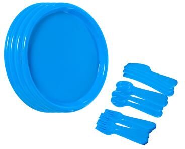 Basicwise Reusable Cutlery Set of 4 Plastic Plates, Spoons, Forks and Knives