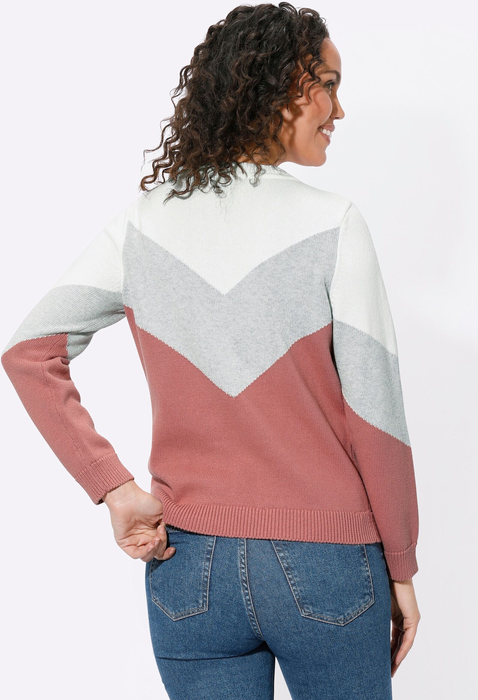 Strickpullover WITT "Pullover Rundhalspullover mit Colour-Blocking", Damen, Gr. 44, rosa (rosenholz, hellgrau, meliert), Sportlich, Rundhals, Pullover Strickpullover