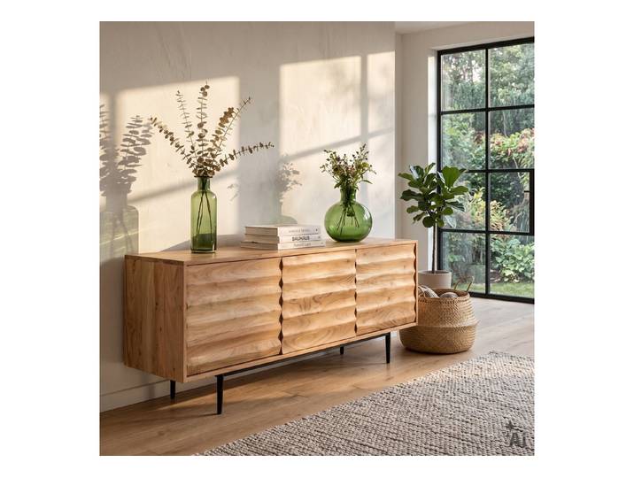 IDIMEX Lowboard VEDA, TV Schrank 150 cm aus Akazienholz mit 3 Türen und Wellenfront Natur