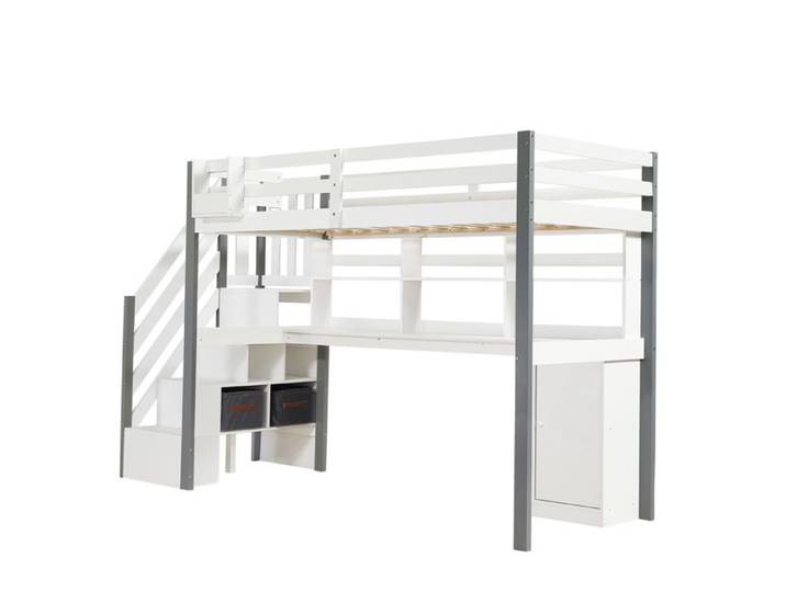 Lit mezzanine mi-haut enfant 90 x 200 cm avec bureau échelle latérale et rangements blanc et gris