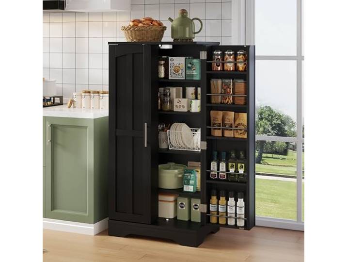 BTM Küchenschrank mit LED-Sensorlicht Kitchen Cabinet Großer Aufbewahrungsschrank mit Verstellbaren Regalböden Schwarz